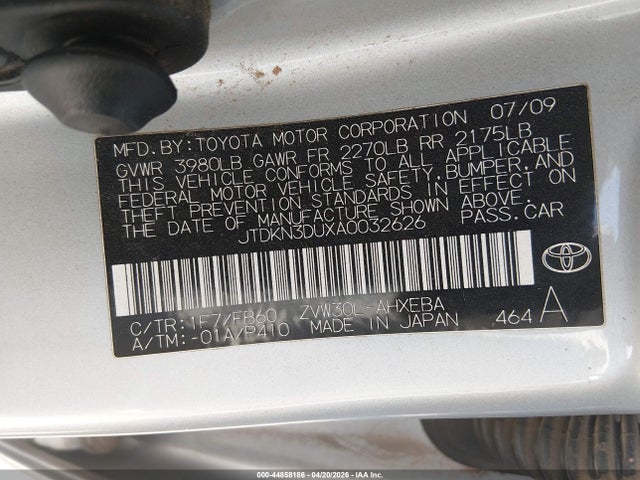 44858186 :رقم المزاد ، JTDKN3DUXA0032626 vin ، 2010 Toyota Prius Iii مزاد بيع