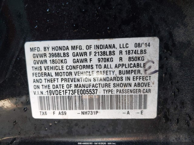 Auction sale of the 2015 Acura Ilx 2.0l, vin: 19VDE1F73FE005537, lot number: 44858193