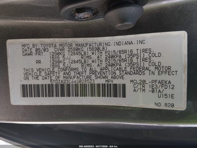 Auction sale of the 2004 Toyota Sienna Ce, vin: 5TDZA23C44S028523, lot number: 44858203