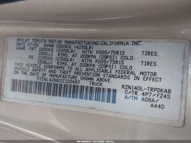 Aukcja sprzedaży 2002 Toyota Tacoma, vin: 5TENL42N82Z120497, numer aukcji: 44858210