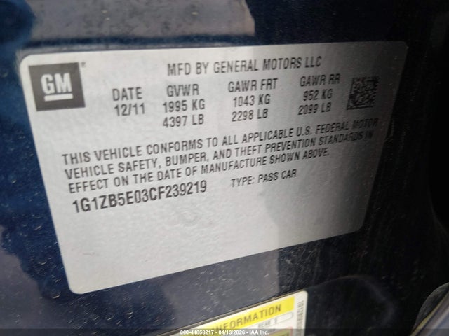 Aukcja sprzedaży 2012 Chevrolet Malibu Ls, vin: 1G1ZB5E03CF239219, numer aukcji: 44858217