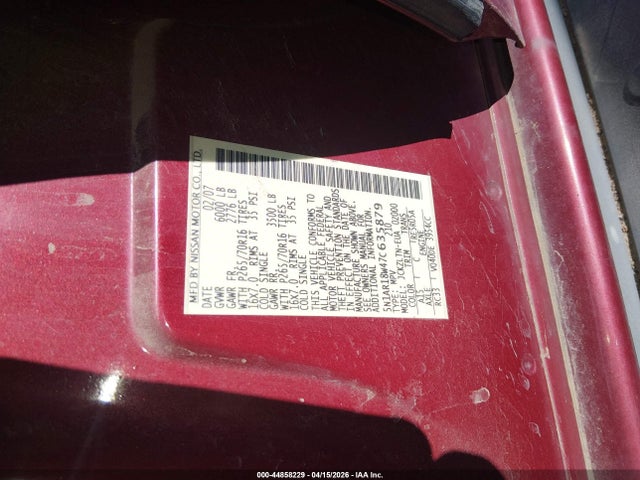 44858229 :رقم المزاد ، 5N1AR18W47C635879 vin ، 2007 Nissan Pathfinder Se مزاد بيع