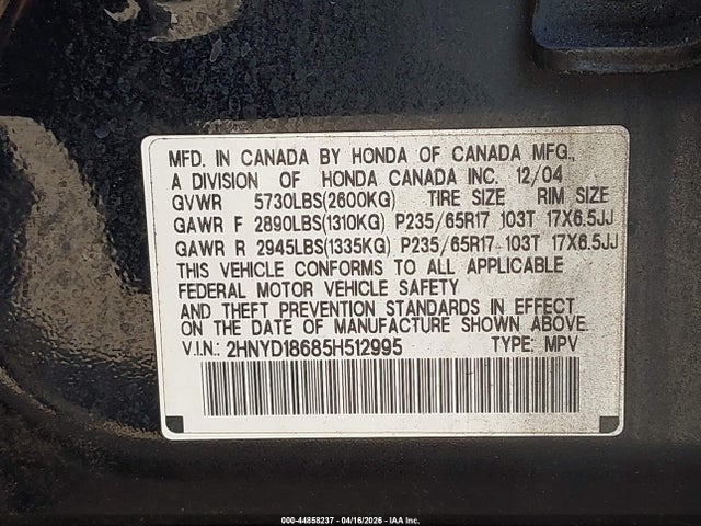 Продаж на аукціоні авто 2005 Acura Mdx, vin: 2HNYD18685H512995, номер лоту: 44858237