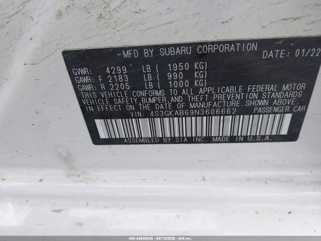 Aukcja sprzedaży 2022 Subaru Impreza Base, vin: 4S3GKAB69N3606662, numer aukcji: 44858248