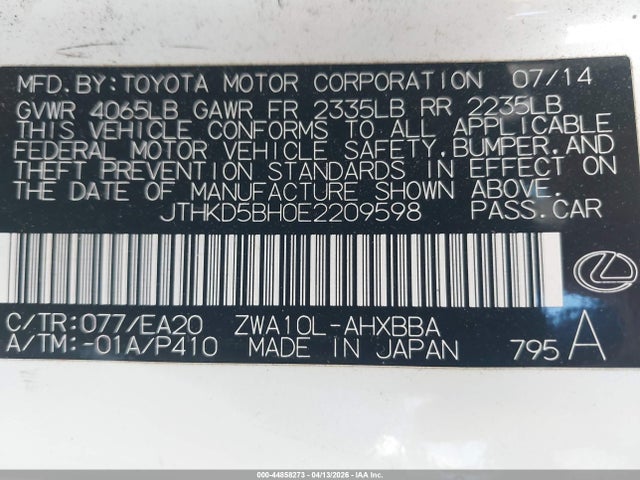 Продаж на аукціоні авто 2014 Lexus Ct 200h, vin: JTHKD5BH0E2209598, номер лоту: 44858273