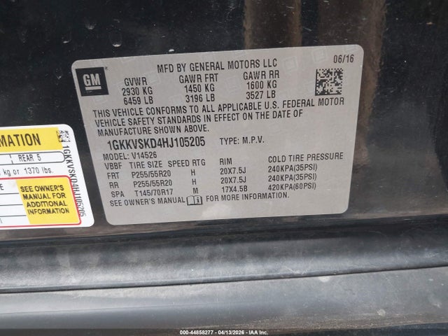 44858277 :رقم المزاد ، 1GKKVSKD4HJ105205 vin ، 2017 Gmc Acadia Limited مزاد بيع