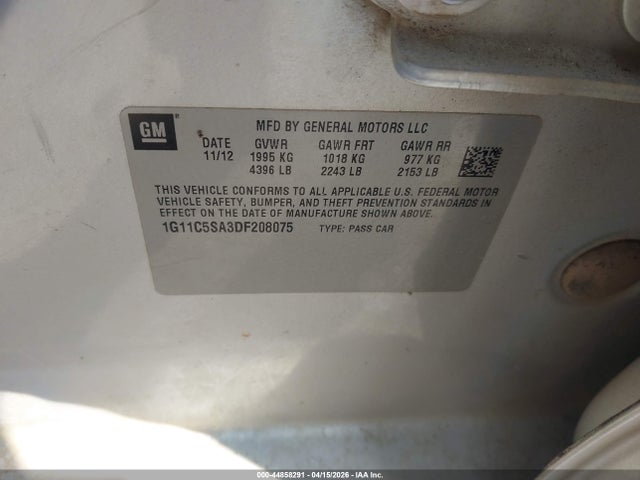 Aukcja sprzedaży 2013 Chevrolet Malibu 1lt, vin: 1G11C5SA3DF208075, numer aukcji: 44858291
