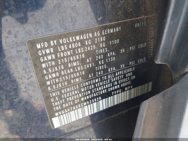 Продаж на аукціоні авто 2012 Volkswagen Tiguan S, vin: WVGAV7AX5CW523926, номер лоту: 44858300