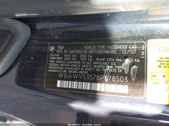 Aukcja sprzedaży 2008 Bmw 328xi, vin: WBAWV53578P078503, numer aukcji: 44858311