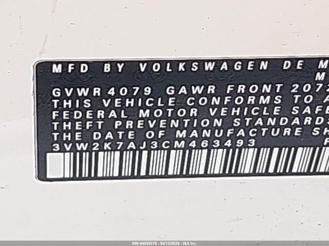 44858319 :رقم المزاد ، 3VW2K7AJ3CM463493 vin ، 2012 Volkswagen Jetta 2.0l S مزاد بيع