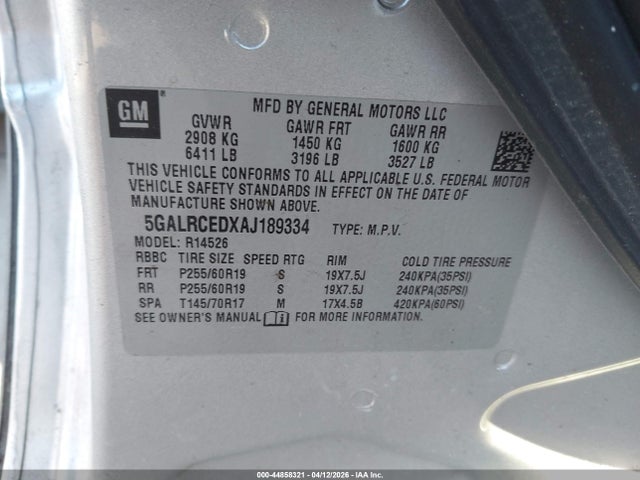 44858321 :رقم المزاد ، 5GALRCEDXAJ189334 vin ، 2010 Buick Enclave 2xl مزاد بيع