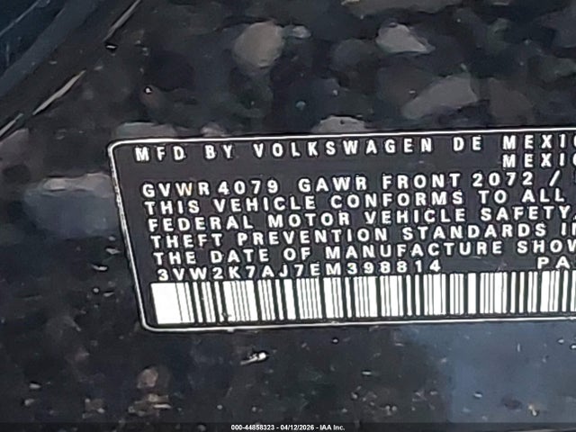 2014 Volkswagen Jetta 2.0l S მანქანა იყიდება აუქციონზე, vin: 3VW2K7AJ7EM398814, აუქციონის ნომერი: 44858323