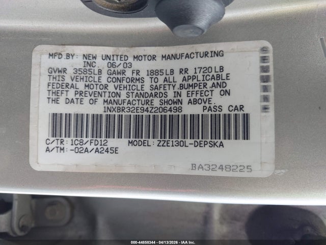 2004 Toyota Corolla S მანქანა იყიდება აუქციონზე, vin: 1NXBR32E94Z206498, აუქციონის ნომერი: 44858344