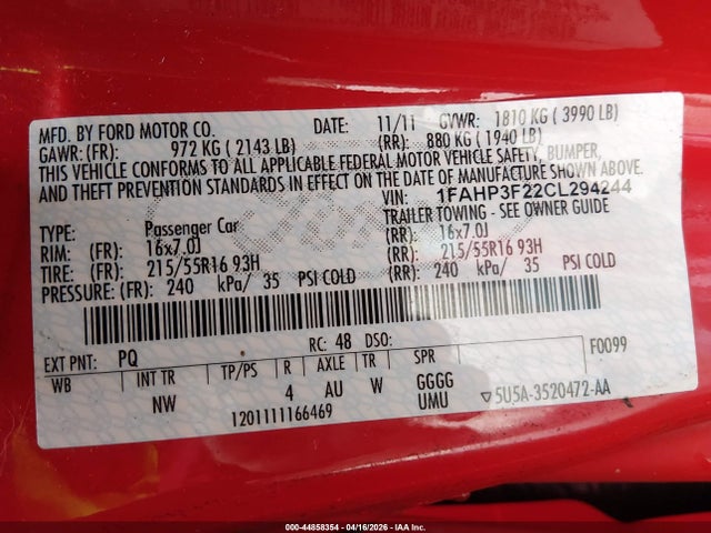 2012 FORD FOCUS 1FAHP3F22CL294244 Photo 8
