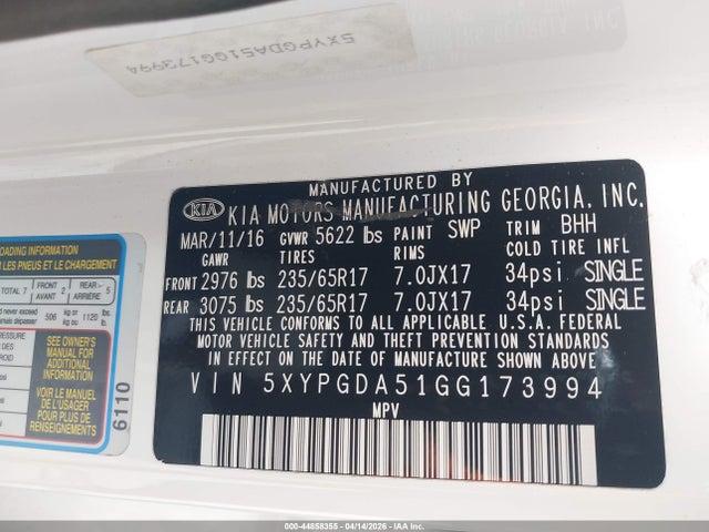 5XYPGDA51GG173994 KIA Sorento 3.3l Lx