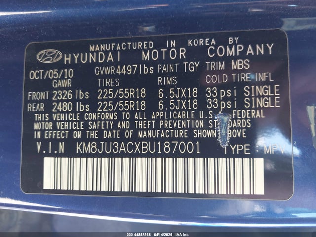 2011 HYUNDAI TUCSON KM8JU3ACXBU187001 Photo 8