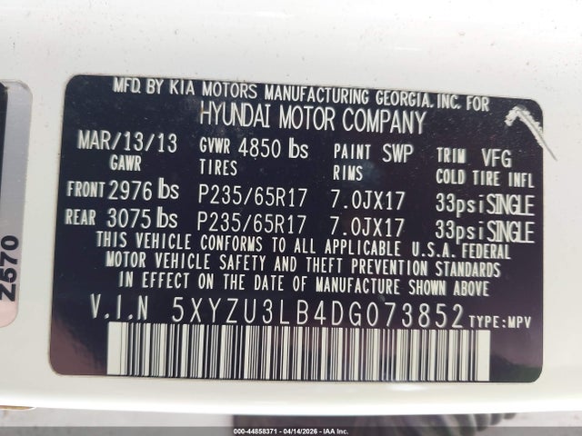 Продаж на аукціоні авто 2013 Hyundai Santa Fe Sport, vin: 5XYZU3LB4DG073852, номер лоту: 44858371