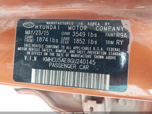 Продажа на аукционе авто 2016 Hyundai Accent Sport, vin: KMHCU5AE8GU240145, номер лота: 44858373