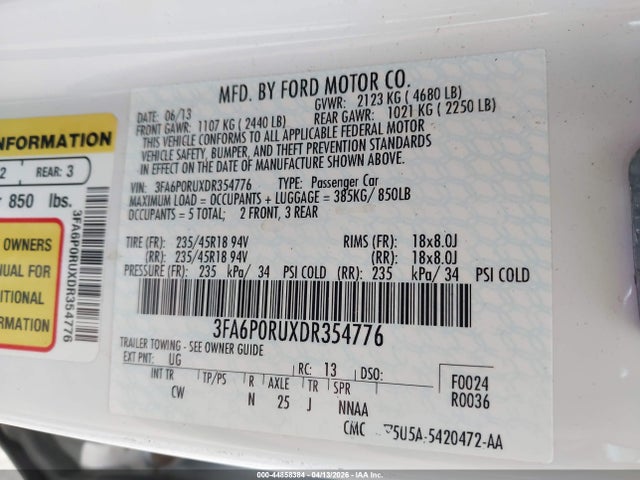 44858384 :رقم المزاد ، 3FA6P0RUXDR354776 vin ، 2013 Ford Fusion Hybrid Titanium مزاد بيع