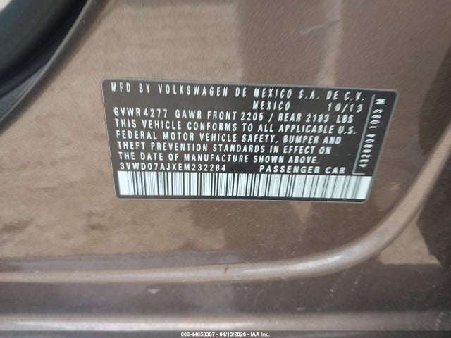 44858387 :رقم المزاد ، 3VWD07AJXEM232284 vin ، 2014 Volkswagen Jetta 1.8t Se مزاد بيع