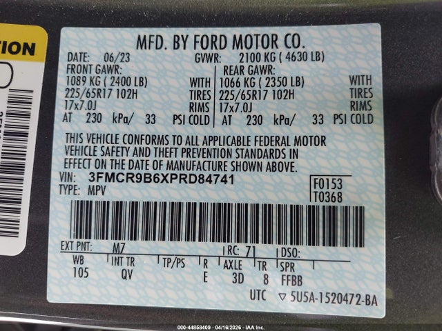 44858409 :رقم المزاد ، 3FMCR9B6XPRD84741 vin ، 2023 Ford Bronco Sport Big Bend مزاد بيع