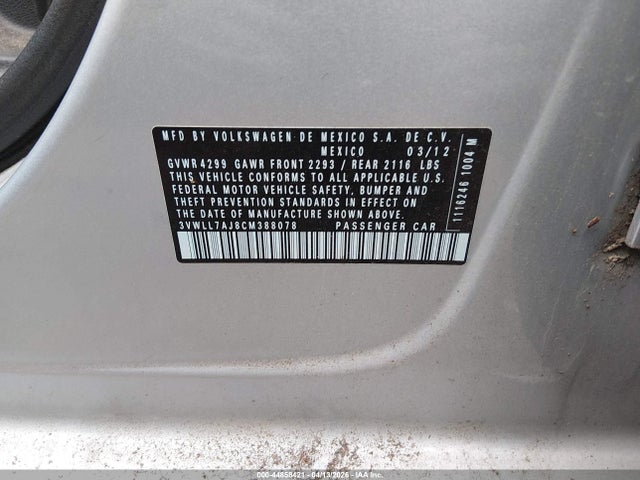 Продажа на аукционе авто 2012 Volkswagen Jetta 2.0l Tdi, vin: 3VWLL7AJ8CM388078, номер лота: 44858421