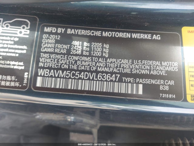 Aukcja sprzedaży 2013 Bmw X1 Xdrive35i, vin: WBAVM5C54DVL63647, numer aukcji: 44858422