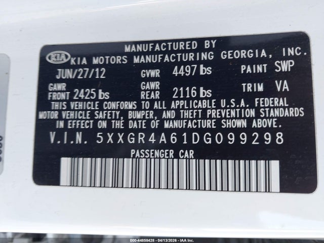 2013 Kia Optima Sx მანქანა იყიდება აუქციონზე, vin: 5XXGR4A61DG099298, აუქციონის ნომერი: 44858428