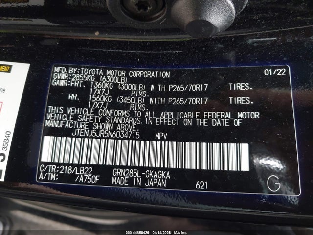 Aukcja sprzedaży 2022 Toyota 4runner Sr5 Premium, vin: JTENU5JR5N6034715, numer aukcji: 44858429