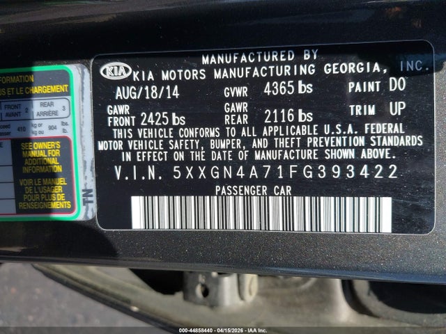 Продажа на аукционе авто 2015 Kia Optima Ex, vin: 5XXGN4A71FG393422, номер лота: 44858440
