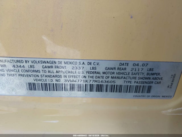 Продаж на аукціоні авто 2007 Volkswagen Jetta Gli, vin: 3VWWJ71K77M163605, номер лоту: 44858443