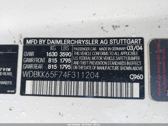 Aukcja sprzedaży 2004 Mercedes-benz Slk 320, vin: WDBKK65F74F311204, numer aukcji: 44858445
