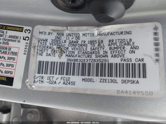 Продажа на аукционе авто 2007 Toyota Corolla S, vin: 1NXBR32E37Z835291, номер лота: 44858456
