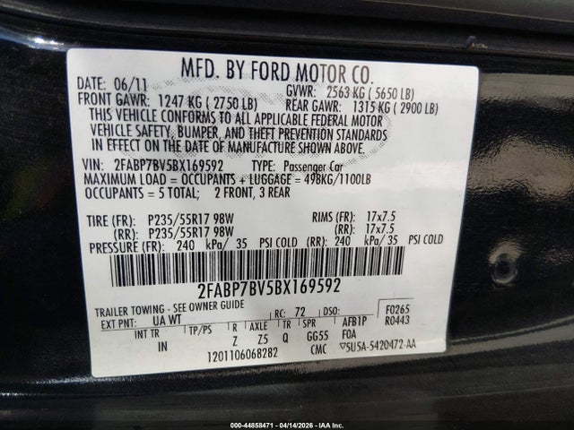 Продажа на аукционе авто 2011 Ford Crown Victoria Police Interceptor, vin: 2FABP7BV5BX169592, номер лота: 44858471
