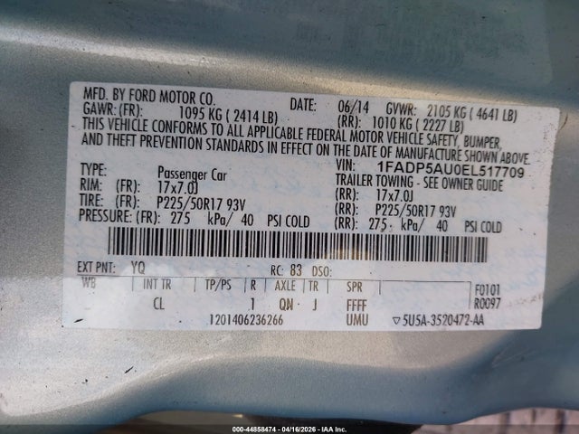 44858474 :رقم المزاد ، 1FADP5AU0EL517709 vin ، 2014 Ford C-max Hybrid Se مزاد بيع
