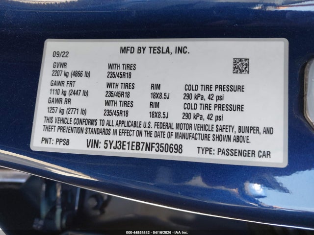 Aukcja sprzedaży 2022 Tesla Model 3 Long Range Dual Motor All-wheel Drive, vin: 5YJ3E1EB7NF350698, numer aukcji: 44858482