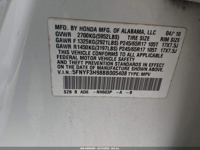 Aukcja sprzedaży 2011 Honda Pilot Touring, vin: 5FNYF3H98BB005408, numer aukcji: 44858489
