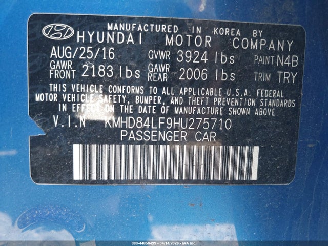 Aukcja sprzedaży 2017 Hyundai Elantra Value Edition, vin: KMHD84LF9HU275710, numer aukcji: 44858499