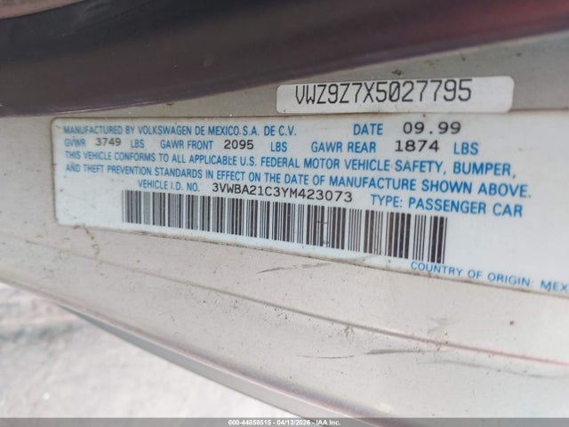 2000 Volkswagen New Beetle Gl მანქანა იყიდება აუქციონზე, vin: 3VWBA21C3YM423073, აუქციონის ნომერი: 44858515