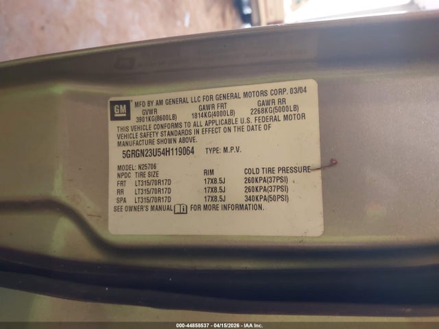 Продаж на аукціоні авто 2004 Hummer H2, vin: 5GRGN23U54H119064, номер лоту: 44858537