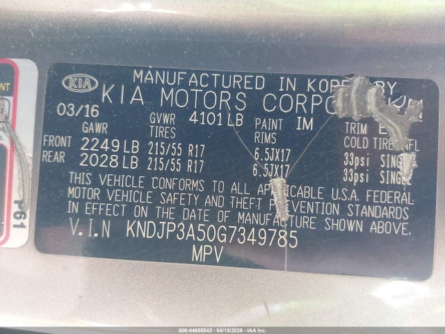 44858543 :رقم المزاد ، KNDJP3A50G7349785 vin ، 2016 Kia Soul + مزاد بيع