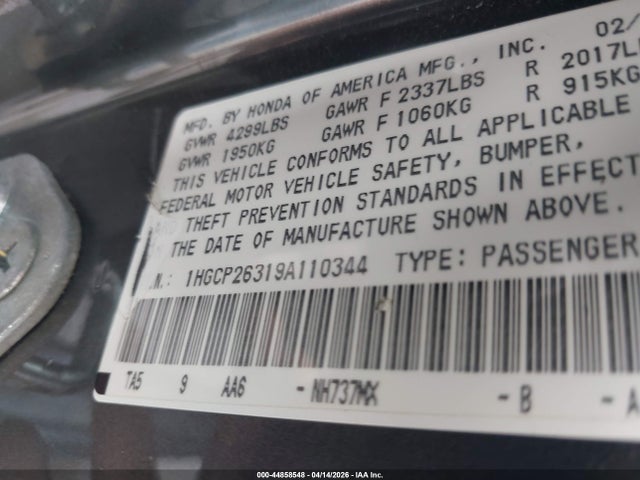 44858548 :رقم المزاد ، 1HGCP26319A110344 vin ، 2009 Honda Accord 2.4 Lx مزاد بيع