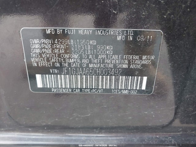 Продаж на аукціоні авто 2012 Subaru Impreza 2.0i, vin: JF1GJAA65CH003492, номер лоту: 44858552