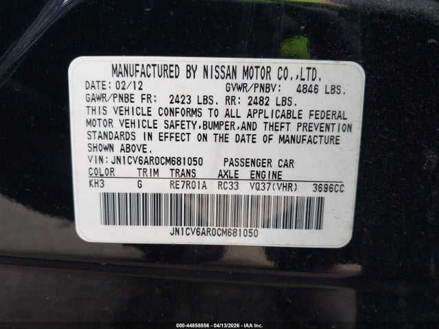 44858556 :رقم المزاد ، JN1CV6AR0CM681050 vin ، 2012 Infiniti G37x مزاد بيع
