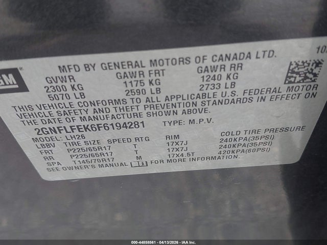 Продажа на аукционе авто 2015 Chevrolet Equinox 1lt, vin: 2GNFLFEK6F6194281, номер лота: 44858561