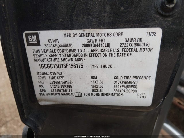 44858563 :رقم المزاد ، 1GCGC13U73F156175 vin ، 2003 Chevrolet Silverado 1500hd Ls مزاد بيع