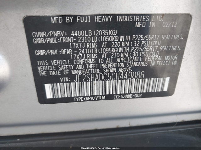2012 Subaru Forester 2.5x Premium მანქანა იყიდება აუქციონზე, vin: JF2SHADC5CH449886, აუქციონის ნომერი: 44858567
