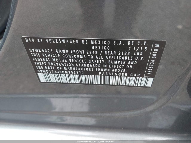 Aukcja sprzedaży 2016 Volkswagen Jetta 1.8t Sport, vin: 3VWD17AJ5GM293879, numer aukcji: 44858583