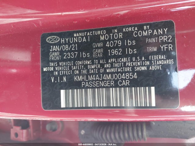 Auction sale of the 2021 Hyundai Elantra Hybrid Blue, vin: KMHLM4AJ4MU004854, lot number: 44858602