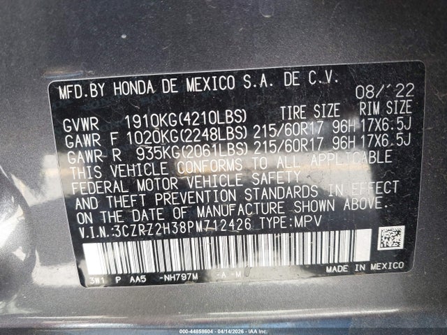 3CZRZ2H38PM712426 Honda Hr-v Awd Lx